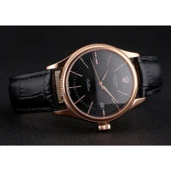 Swiss Rolex Cellini Date Black Dial Rose Gold Markings Rose Gold Case Black Leather Strap