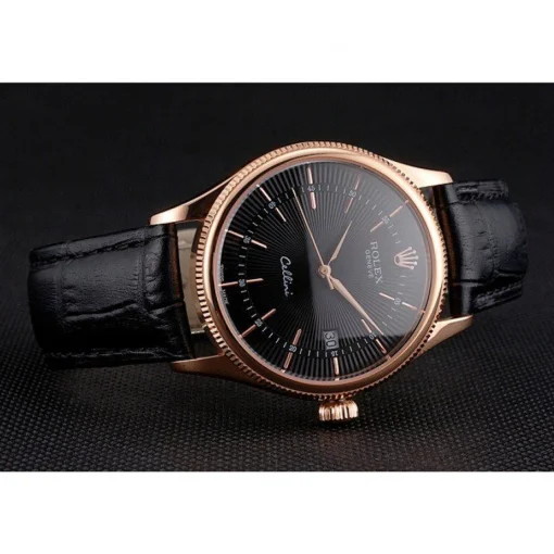 Swiss Rolex Cellini Date Black Dial Rose Gold Markings Rose Gold Case Black Leather Strap