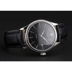 Swiss Rolex Cellini Date Black Dial Stainless Steel Case Black Leather Strap