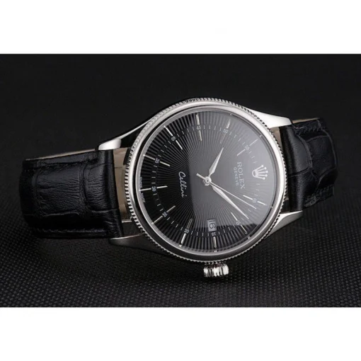 Swiss Rolex Cellini Date Black Dial Stainless Steel Case Black Leather Strap