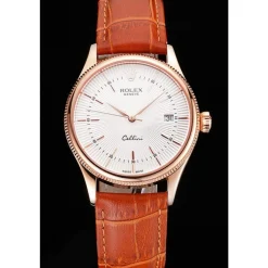 Swiss Rolex Cellini Date White Dial Rose Gold Case Brown Leather Strap