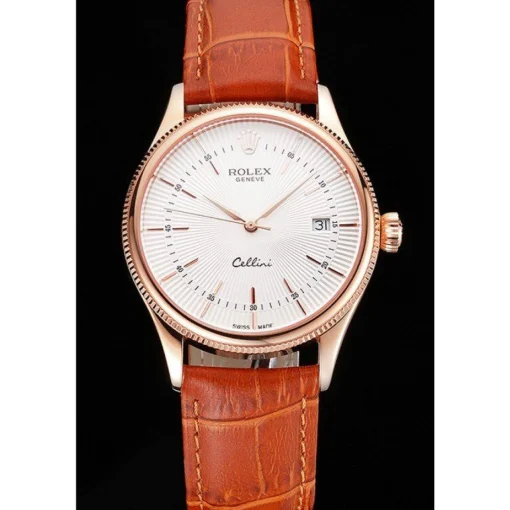 Swiss Rolex Cellini Date White Dial Rose Gold Case Brown Leather Strap