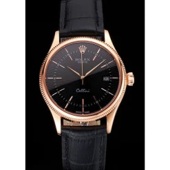 Swiss Rolex Cellini Date Black Dial Rose Gold Markings Rose Gold Case Black Leather Strap