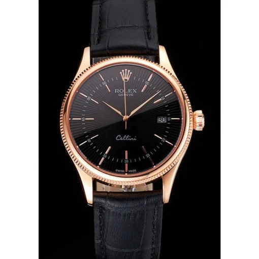 Swiss Rolex Cellini Date Black Dial Rose Gold Markings Rose Gold Case Black Leather Strap