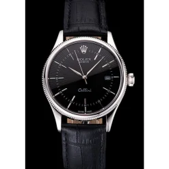 Swiss Rolex Cellini Date Black Dial Stainless Steel Case Black Leather Strap