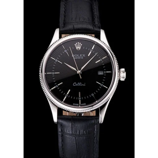 Swiss Rolex Cellini Date Black Dial Stainless Steel Case Black Leather Strap