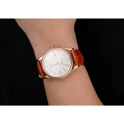 Swiss Rolex Cellini Date White Dial Rose Gold Case Brown Leather Strap