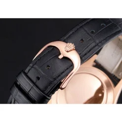 Swiss Rolex Cellini Date Black Dial Rose Gold Markings Rose Gold Case Black Leather Strap
