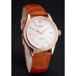 Swiss Rolex Cellini Date White Dial Rose Gold Case Brown Leather Strap