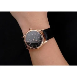 Swiss Rolex Cellini Date Black Dial Rose Gold Markings Rose Gold Case Black Leather Strap