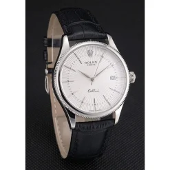 Swiss Rolex Cellini Date White Dial Stainless Steel Case Black Leather Strap