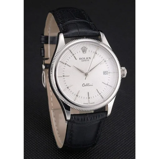 Swiss Rolex Cellini Date White Dial Stainless Steel Case Black Leather Strap