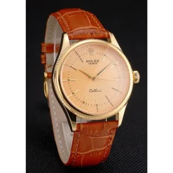 Swiss Rolex Cellini Gold Dial And Markings Gold Case Light Brown Leather Strap
