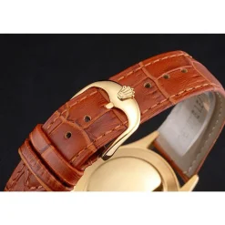 Swiss Rolex Cellini Gold Dial And Markings Gold Case Light Brown Leather Strap