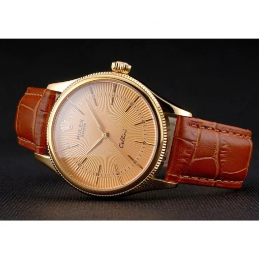 Swiss Rolex Cellini Gold Dial And Markings Gold Case Light Brown Leather Strap
