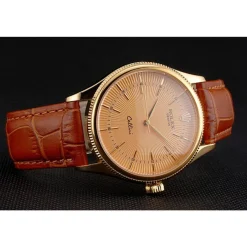 Swiss Rolex Cellini Gold Dial And Markings Gold Case Light Brown Leather Strap