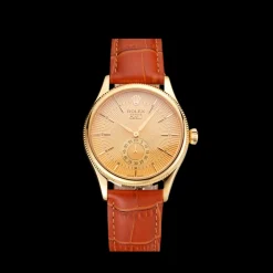 Swiss Rolex Cellini Gold Dial And Markings Gold Case Light Brown Leather Strap
