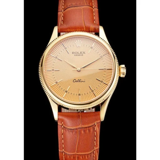 Swiss Rolex Cellini Gold Dial And Markings Gold Case Light Brown Leather Strap
