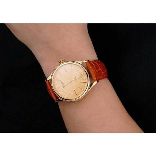 Swiss Rolex Cellini Gold Dial And Markings Gold Case Light Brown Leather Strap