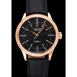 Swiss Rolex Cellini Time Rose Gold Case Black Dial Black Leather Bracelet 622656