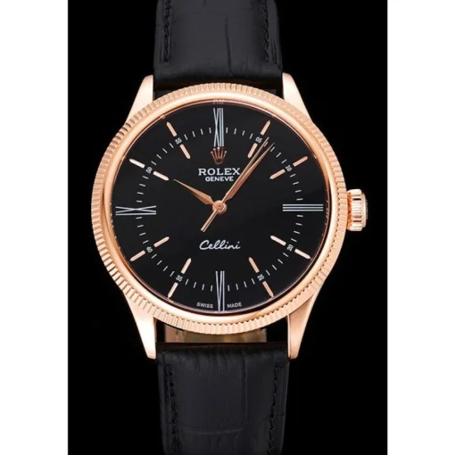 Swiss Rolex Cellini Time Rose Gold Case Black Dial Black Leather Bracelet 622656