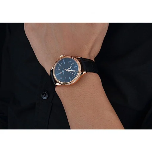 Swiss Rolex Cellini Time Rose Gold Case Black Dial Black Leather Bracelet 622656