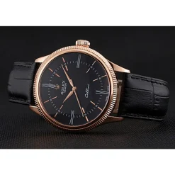 Swiss Rolex Cellini Time Rose Gold Case Black Dial Black Leather Bracelet 622656