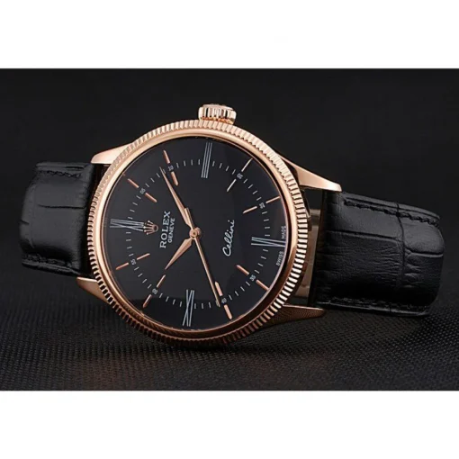 Swiss Rolex Cellini Time Rose Gold Case Black Dial Black Leather Bracelet 622656