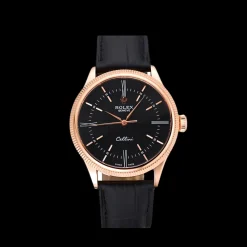 Swiss Rolex Cellini Time Rose Gold Case Black Dial Black Leather Bracelet 622656