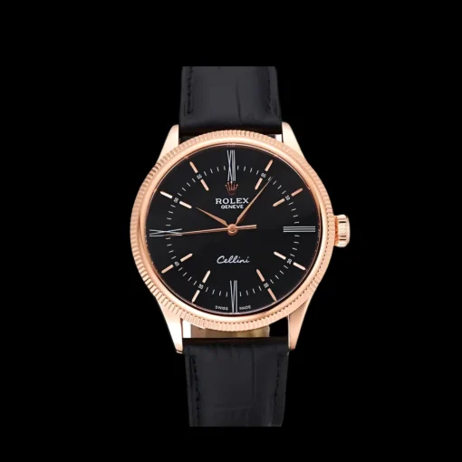 Swiss Rolex Cellini Time Rose Gold Case Black Dial Black Leather Bracelet 622656