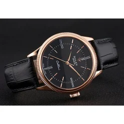 Swiss Rolex Cellini Time Rose Gold Case Black Dial Black Leather Bracelet 622656