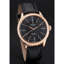 Swiss Rolex Cellini Time Rose Gold Case Black Dial Black Leather Bracelet 622656