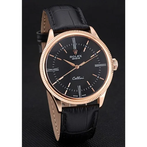 Swiss Rolex Cellini Time Rose Gold Case Black Dial Black Leather Bracelet 622656