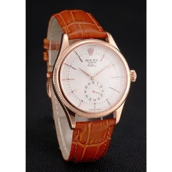 Swiss Rolex Cellini White Dial Rose Gold Case Light Brown Leather Strap