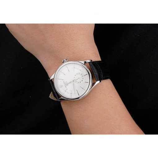 Swiss Rolex Cellini White Dial Stainless Steel Case Black Leather Strap