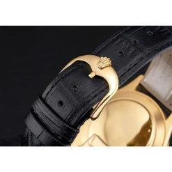 Swiss Rolex Cellini White Dial Gold Case Black Leather Strap