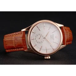 Swiss Rolex Cellini White Dial Rose Gold Case Light Brown Leather Strap