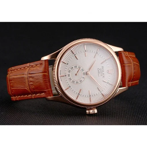 Swiss Rolex Cellini White Dial Rose Gold Case Light Brown Leather Strap