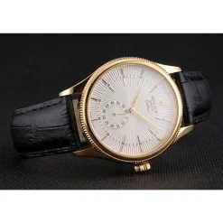 Swiss Rolex Cellini White Dial Gold Case Black Leather Strap