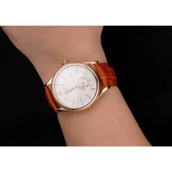 Swiss Rolex Cellini White Dial Rose Gold Case Light Brown Leather Strap