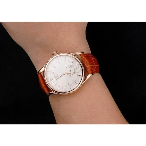 Swiss Rolex Cellini White Dial Rose Gold Case Light Brown Leather Strap