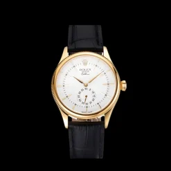 Swiss Rolex Cellini White Dial Gold Case Black Leather Strap