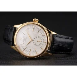 Swiss Rolex Cellini White Dial Gold Case Black Leather Strap