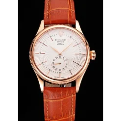 Swiss Rolex Cellini White Dial Rose Gold Case Light Brown Leather Strap
