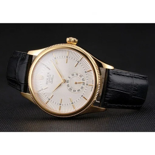 Swiss Rolex Cellini White Dial Gold Case Black Leather Strap