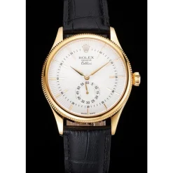 Swiss Rolex Cellini White Dial Gold Case Black Leather Strap