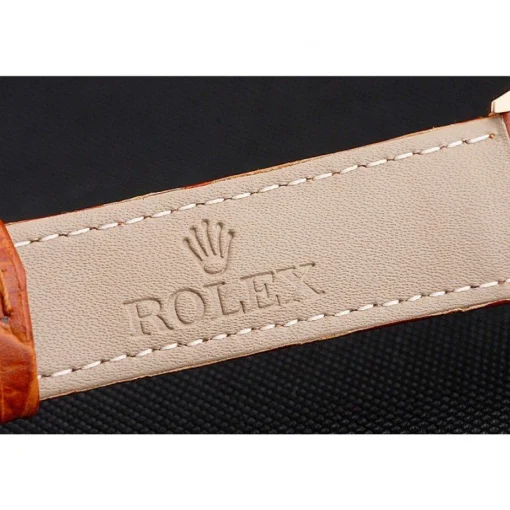 Swiss Rolex Cellini White Dial Rose Gold Case Light Brown Leather Strap