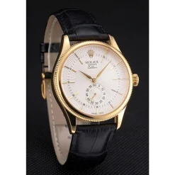 Swiss Rolex Cellini White Dial Gold Case Black Leather Strap
