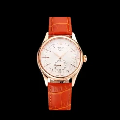 Swiss Rolex Cellini White Dial Rose Gold Case Light Brown Leather Strap