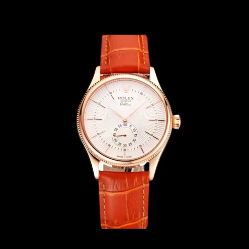 Swiss Rolex Cellini White Dial Rose Gold Case Light Brown Leather Strap
